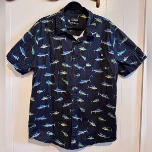 Carolina Men’s Black Short-Sleeve Button-Down with Blue & Green Fish Print